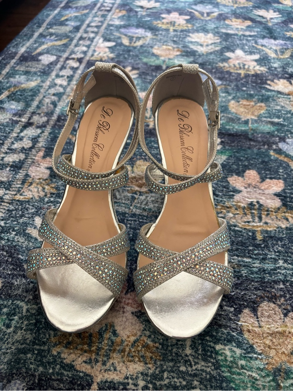 David’s Bridal Silver Crystal Cross Strap Wedge Sandal